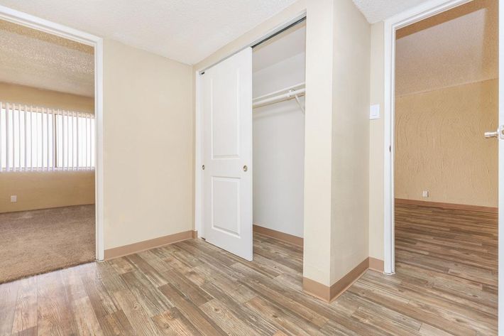 Bedroom with wooden floors and open sliding closet doors