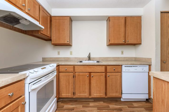 a kitchen with a stove refrigerator and wooden cabinets