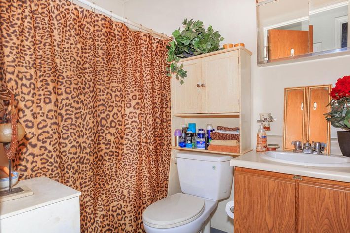 a kitchen with a shower curtain