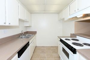 Vacant kitchen with white cabinets