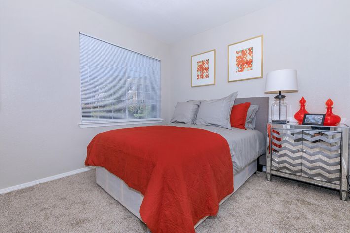 a bedroom with a red blanket