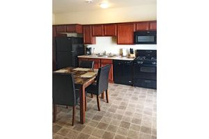 Furnished kitchen with black appliances