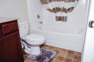 Bathroom with a purple rug