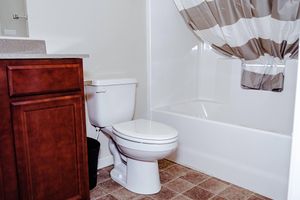 Bathroom with white and brown shower curtain