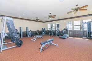 A spacious gym featuring various exercise equipment including treadmills, elliptical machines, weight machines, and free weights. The room has ceiling fans and large windows allowing natural light, with a carpeted floor for comfort.