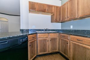 Modern kitchen featuring wooden cabinets, a dark granite countertop, a double sink, and a black dishwasher. The kitchen has a clean design with natural light coming in, showcasing a warm and inviting atmosphere.