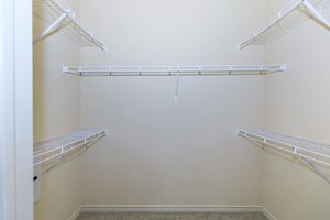 A clean and empty closet with white wire shelves mounted on beige walls, featuring a light carpeted floor. The shelves are arranged for optimal storage space, with some sections left open to accommodate various items. The overall appearance is organized and minimalistic.