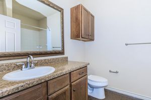 A modern bathroom featuring a granite countertop with a sink and a large mirror. There are wooden cabinets above and below the sink, a toilet on the right, and a towel bar on the wall. The space is softly lit with neutral-colored walls and tile flooring.