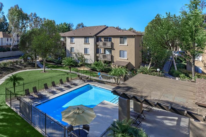Trabuco Woods Apartment Homes community pool from second floor