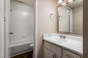 Bathroom vanity next to a shower and toilet room