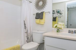 Modern apartment bathroom with shower tub, toilet, and mirrored sink vanity