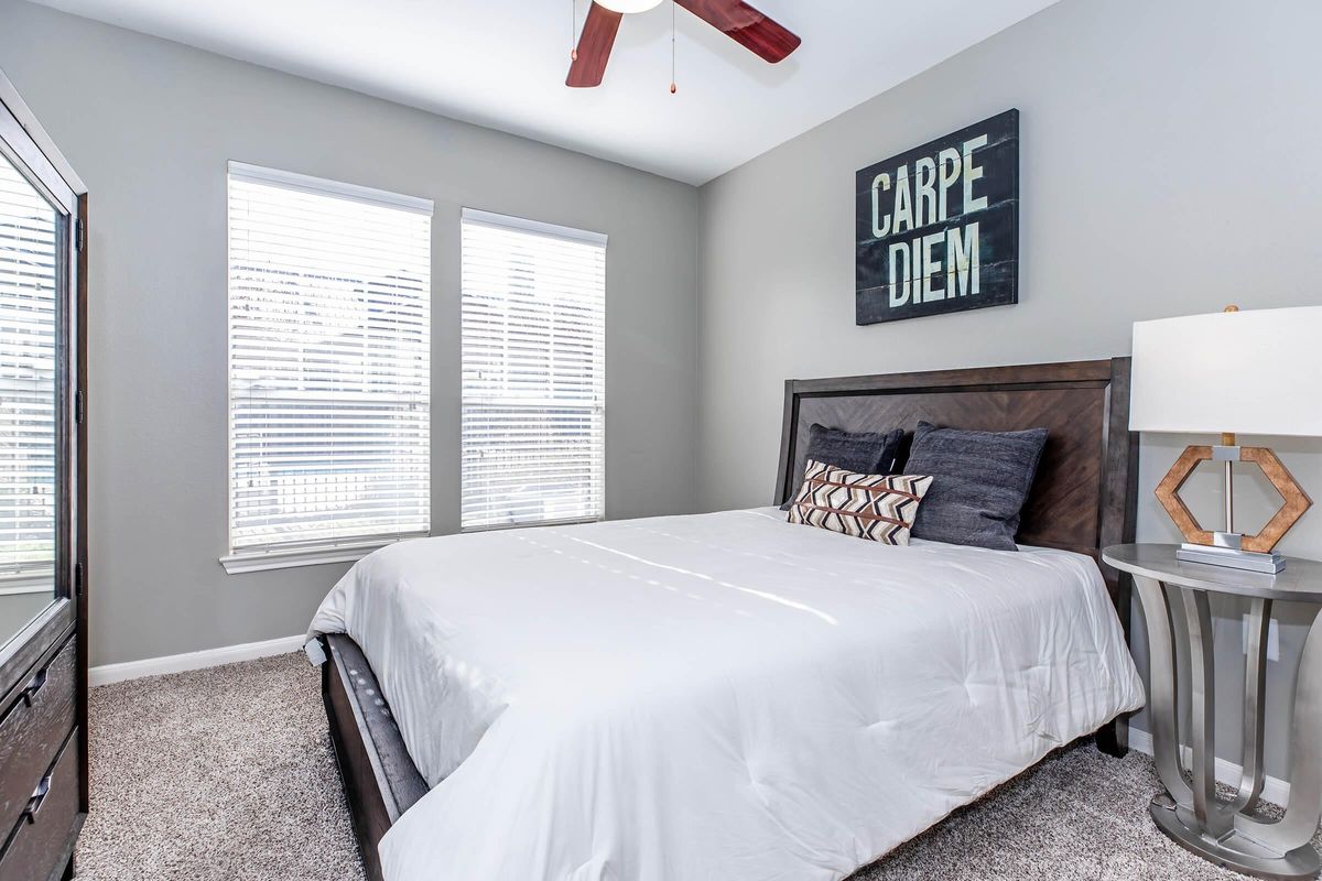 A cozy bedroom featuring a queen-sized bed with white bedding and decorative pillows. There is a nightstand with a modern lamp, a decorative hexagonal piece, and a large mirror. Natural light streams in through two windows with blinds, and a "Carpe Diem" sign is on the wall, adding a motivational touch.