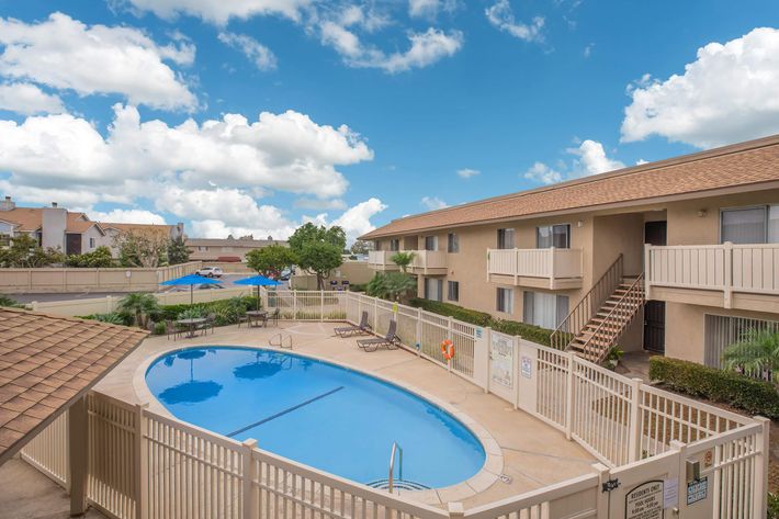 The Monrovia Apartment Homes community pool from second floor