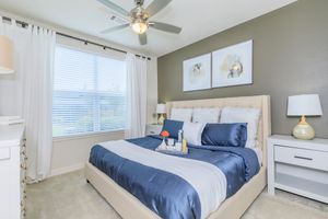 furnished bedroom with blue bedding