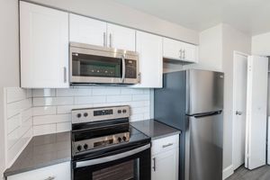 Kitchen cabinets with built in stainless steel microwave, stove, oven, and fridge