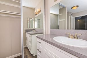 a double sink and large mirror
