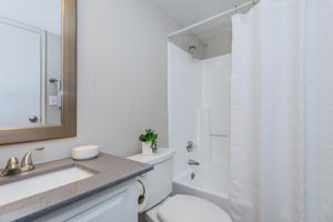 Renovated modern bathroom with mirrored vanity, toilet, and shower