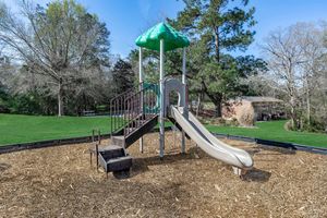 A playground featuring a green-roofed slide with metal stairs, surrounded by wood chips and grassy areas. Trees are in the background, and a building is visible at a distance. The overall scene is bright and sunny, suggesting a cheerful outdoor play area.