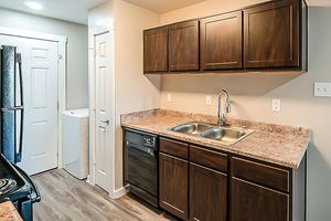A modern kitchen featuring dark wooden cabinets, a double sink, and a countertop with a speckled design. Appliances include a black dishwasher and a refrigerator, with light-colored walls and a door leading to another room. The flooring is a light wood laminate, creating a contemporary look.