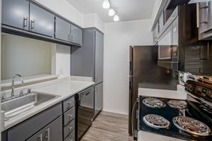 Kitchen equipped with black appliances and grey cabinets at Treehouse Apartments in Albuquerque, NM