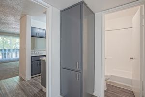 Dark grey storage cabinet at Treehouse Apartments in Albuquerque, New Mexico