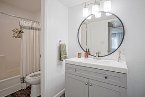 Modern vanity in platinum bathroom interior at Treehouse in Albuquerque, New Mexico