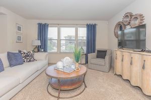 A cozy living room featuring a light-colored sofa adorned with patterned cushions, a round coffee table with decorative items, and a textured armchair. The room has two large windows with blue curtains, a wooden cabinet, and a flat-screen TV, creating a warm and inviting atmosphere.
