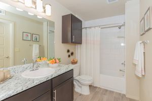 A modern bathroom featuring a granite countertop with a sink, a large mirror with overhead lighting, and dark wooden cabinets. A white shower curtain, a bathtub with a shower, and decorative flowers add a touch of color. Tiled flooring completes the contemporary design.