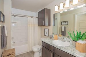 A modern bathroom featuring a white bathtub with a shower curtain, a dark wood vanity with a granite countertop, a round sink, and a large mirror. The decor includes a small plant, decorative items, and a towel rack. Soft lighting is provided by four wall-mounted lights above the mirror.