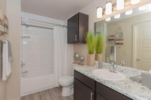 A modern bathroom featuring a white bathtub with a shower curtain, a dark wood vanity with a granite countertop, a round mirror, and decorative plants. The light fixtures above the mirror provide illumination, and the space has neutral tones with wooden flooring.