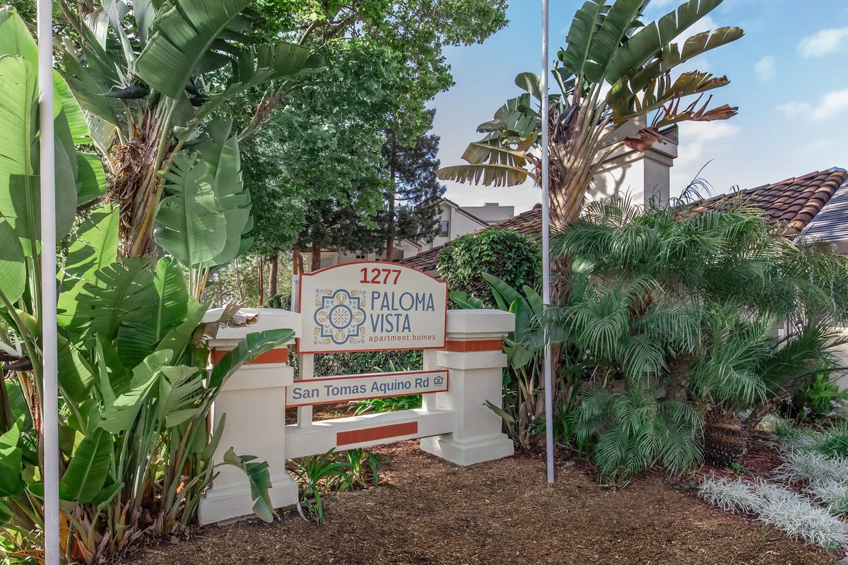 Sign for Paloma Vista Apartments located at 1277 San Tomás Aquino Road, surrounded by lush greenery and tropical plants. The sign features a decorative design and indicates the apartment complex's name and address.
