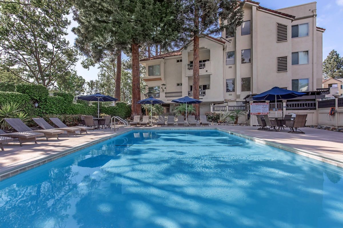 A serene swimming pool surrounded by lounge chairs and umbrellas, set against a backdrop of tall trees and a beige building. The clear blue water reflects the sunlight, creating a relaxing atmosphere perfect for leisure and enjoyment.