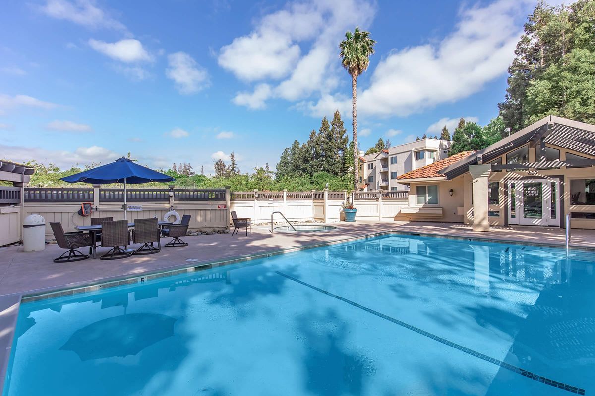 A serene outdoor swimming pool surrounded by a patio area with lounge chairs and a dining set under an umbrella. Lush greenery and palm trees frame the scene, while a clear blue sky adds to the inviting atmosphere. The modern building in the background completes the tranquil setting.
