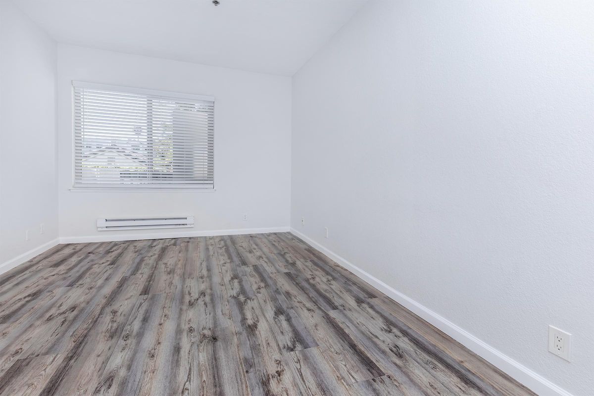 A bright, vacant room with light gray walls, a window featuring white blinds, and modern wood-like flooring. The room has minimal furniture, creating an open and spacious feel, with natural light coming in from the window.
