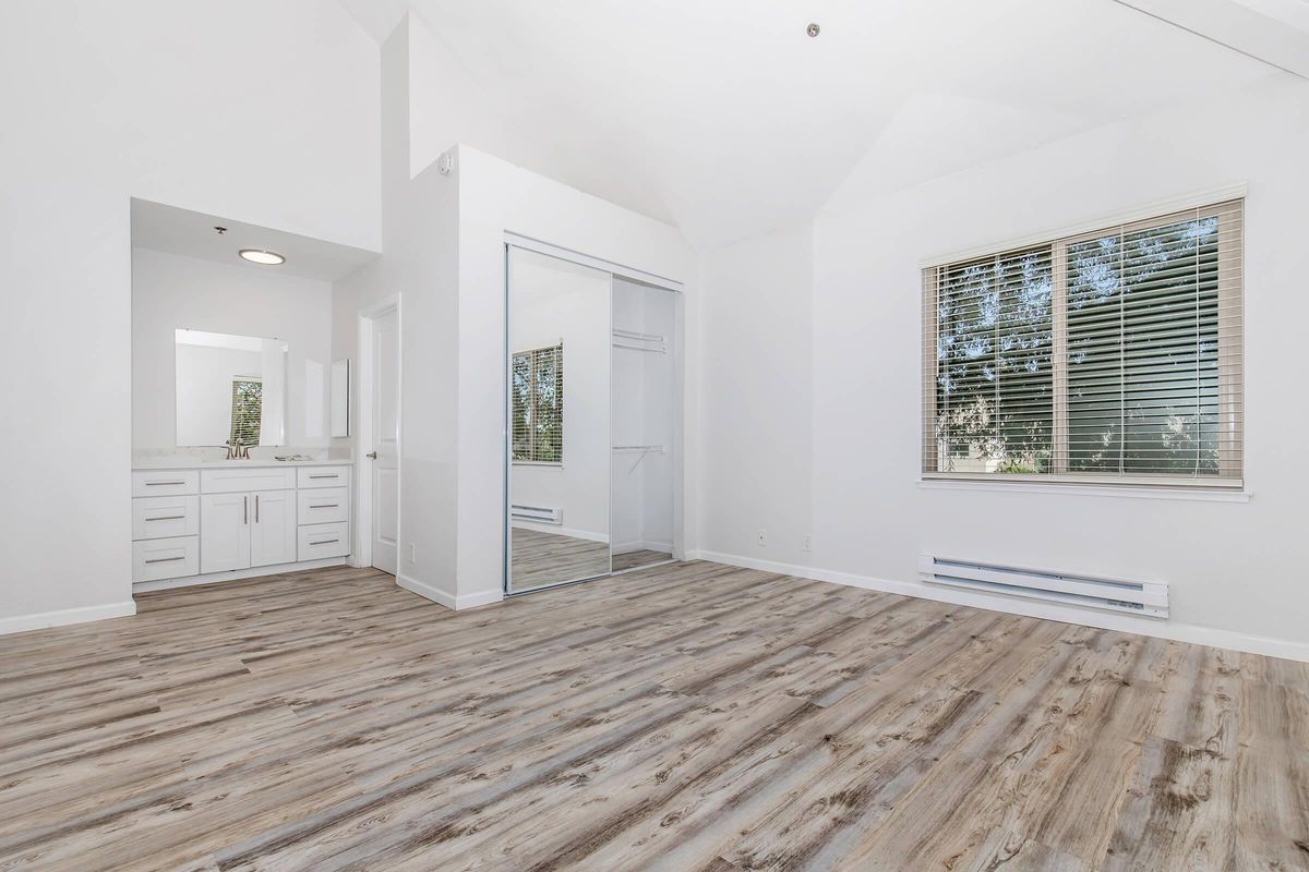 A spacious, bright room with white walls and a high ceiling. It features a large window with blinds, showcasing natural light. On one side, there's a modern bathroom vanity with a mirror, and on the opposite wall, a sliding glass closet door. The floor is a warm, light-colored hardwood.