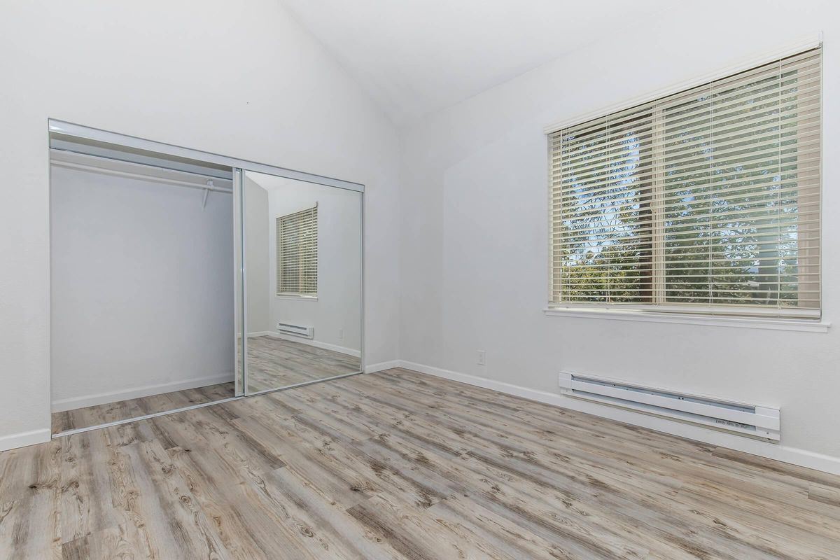 Empty room featuring light-colored walls, a large mirror closet with sliding doors, a window with blinds allowing natural light, and a wood-style floor. The space is bright and airy, suitable for various design possibilities.