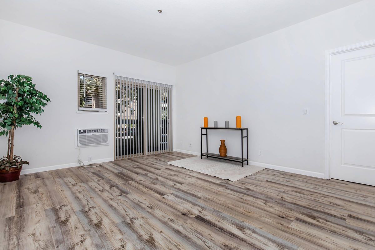 A spacious, well-lit room featuring light wood flooring and white walls. There is a small potted plant in the corner, an air conditioning unit, and a black console table with decorative vases in orange and brown. Vertical blinds cover a window, and a soft area rug is placed on the floor.