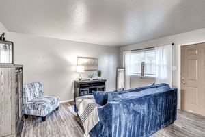 A cozy living room featuring a blue sofa and a patterned accent chair. There's a wooden console table with a lamp, a mirror, and a decorative plant. Natural light filters through a window with sheer curtains, and the walls are painted a soft color, creating a warm and inviting atmosphere.