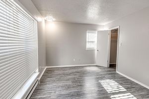 Empty interior room with light gray walls, a window with white blinds, and a door leading to a closet. The flooring is a light wood laminate, and the room is well-lit with natural light.