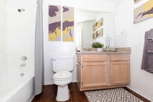 furnished bathroom with wooden cabinets