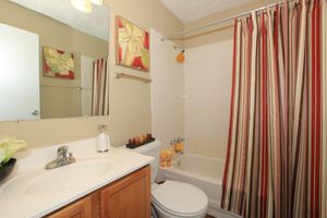 a shower curtain with a white tub sitting next to a sink