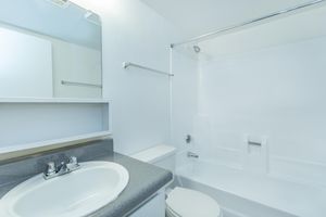 Clean white bathroom with white shower, toilet, and mirrored vanity