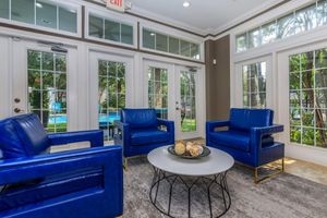community room with blue chairs