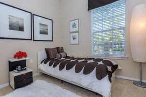 carpeted bedroom with a white and brown comforter