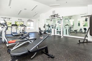 A well-equipped gym featuring various exercise machines, including treadmills, a weight bench, and resistance equipment. The space is bright and airy, with motivational wall art and large mirrors reflecting the workout area. Rubber flooring adds safety and comfort.