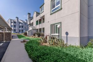 A well-maintained apartment community with gray exterior walls and green accents. The scene features landscaped areas with shrubs and plants, a pathway leading to the entrance, and additional buildings visible in the background under a clear blue sky.
