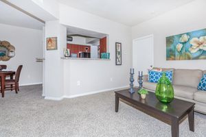 Furnished living room with views of dining room and kitchen