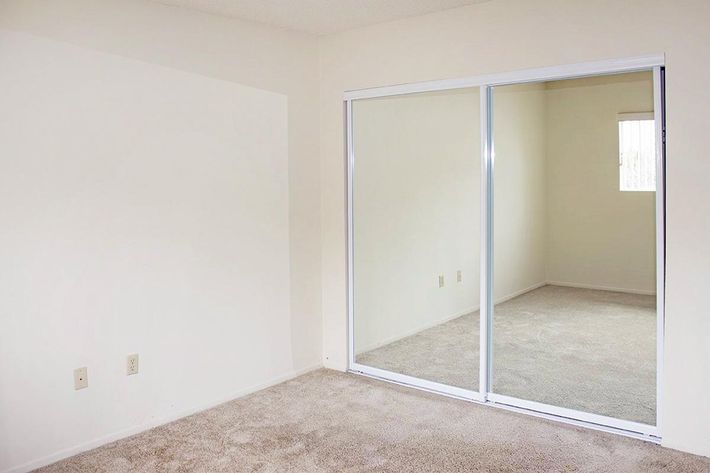 Carpeted bedroom with sliding glass mirror closet doors