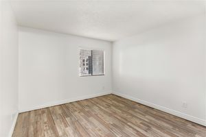 Large empty bedroom with vinyl plank flooring and a large window