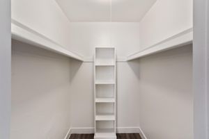 Spacious walk in closet with built in shelves